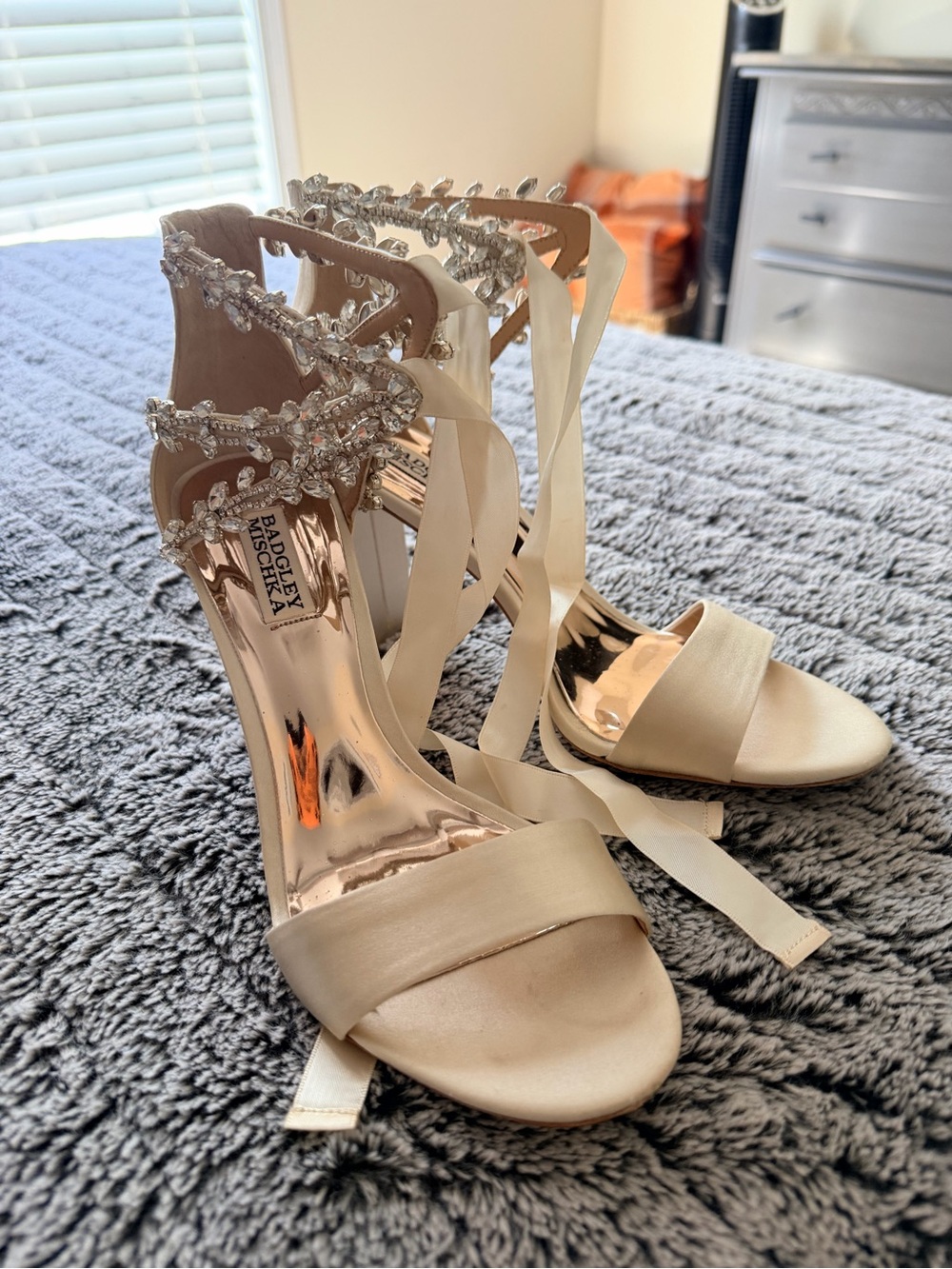 Badgley Mischka Ivory Satin Crystal-Ankle Tie Block Heels - Picture 4 of 11